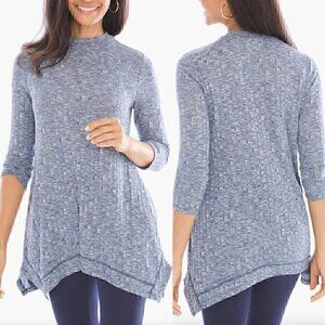 CHICO'S 2 Zenergy Carrington Ribbed Tunic Blue White 3/4 Sleeve Knit Top L / 12